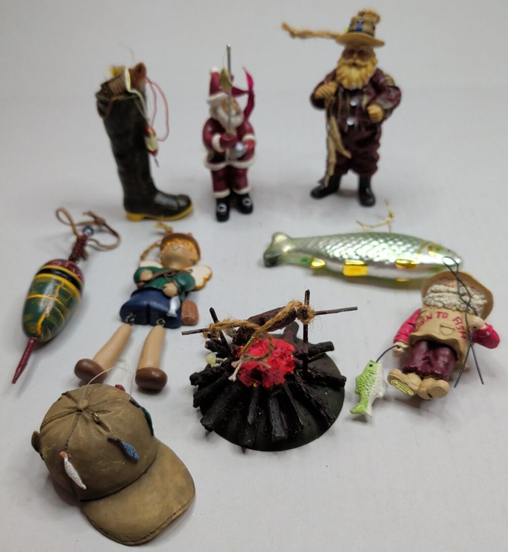 Mixed Lot (10) Fishing Christmas Ornaments Blown Glass Fish Fishing Santa Bobber